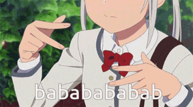 a girl in a school uniform is pointing at herself and the words bababababab are written below her