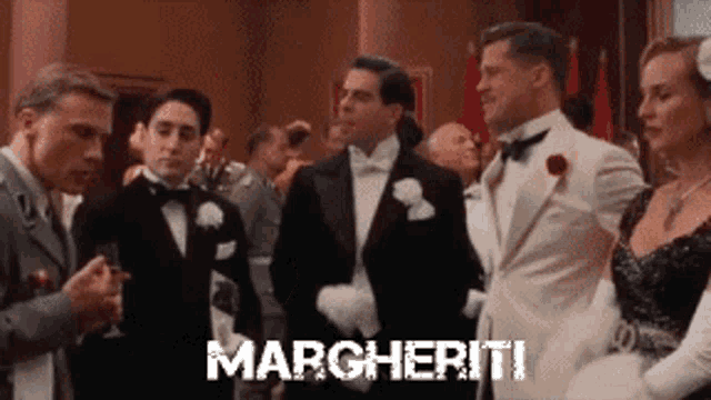 a group of people in tuxedos and gloves are standing in a room with the word margherita written on the bottom .