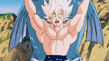 a cartoon drawing of a shirtless man with wings on his back
