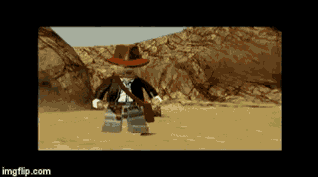 a lego man in a cowboy hat stands in the desert
