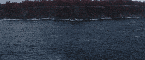 a cliff overlooking a body of water with a forest in the background