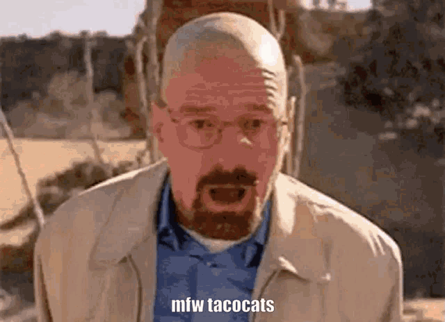 a bald man with glasses and a beard is saying mfw tacocats .