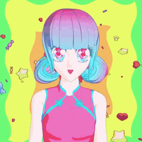 a cartoon girl with blue hair and red eyes