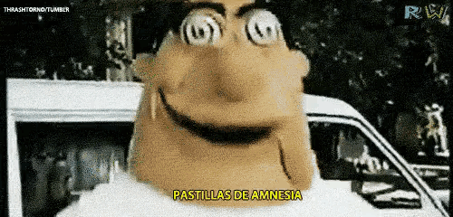 a cartoon character says pastillas de amnesia in yellow