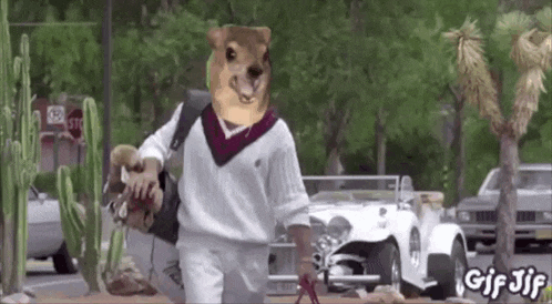 a gif of a man with a bear head walking down the street