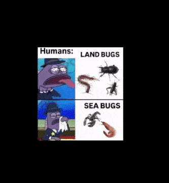 a cartoon of a man in a hat with the words humans land bugs and sea bugs