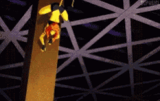 a cartoon character is flying through the air while holding a sword in a dark room .