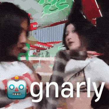 a man and a woman are standing next to each other and the word gnarly is on the bottom