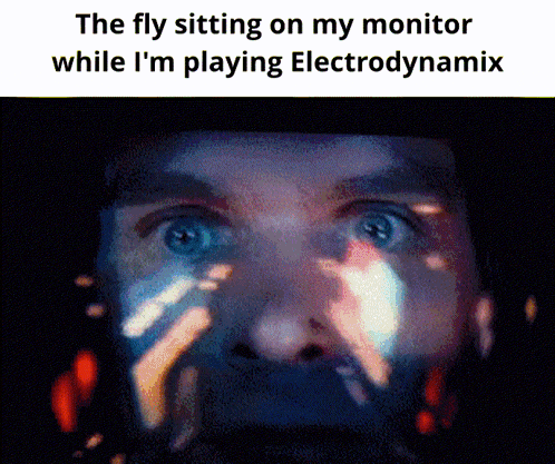 a close up of a man 's face with the words the fly sitting on my monitor