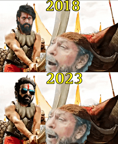 a man with a beard is holding a sword next to another man with a beard and the year 2018 and 2023 are visible