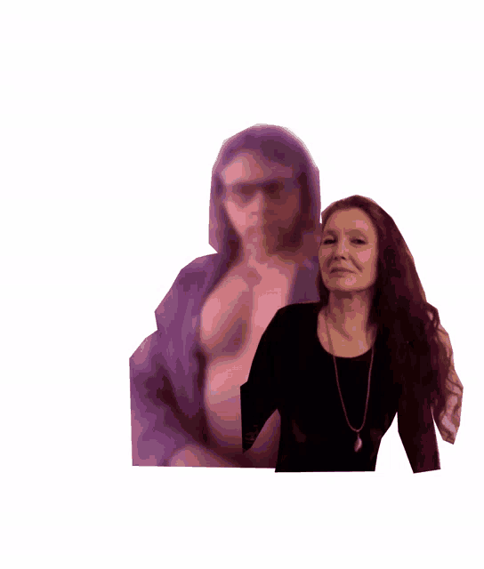 a woman with long red hair is standing next to a naked woman