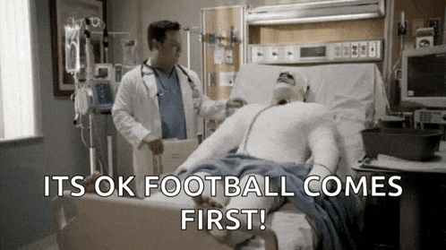 a man in a hospital bed is being examined by a doctor who says it is ok football comes first