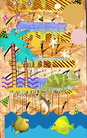 a cartoon drawing of a carousel with a chameleon and fish
