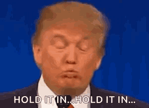 donald trump is making a funny face while giving a speech and says `` hold it in ... hold it in ... '' .
