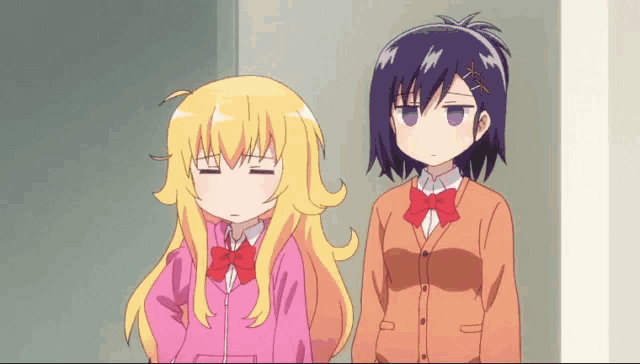 two anime girls are standing next to each other and one is making a face