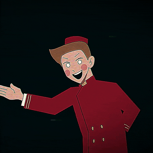 a cartoon of a man wearing a red jacket and hat