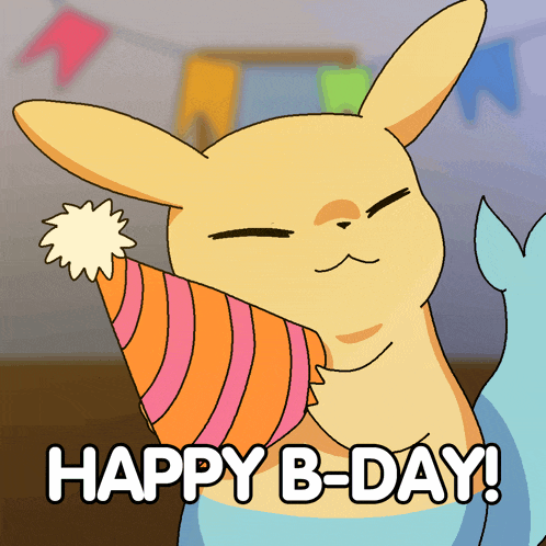 a cartoon of a rabbit wearing a party hat that says " happy b-day "