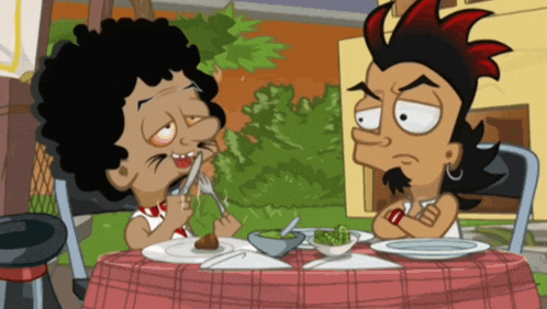 two cartoon characters are sitting at a table with food