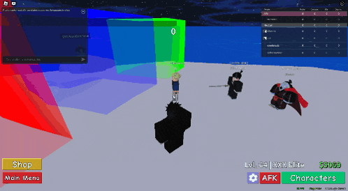 a screenshot of a video game with the words shop main menu and afk characters on the bottom