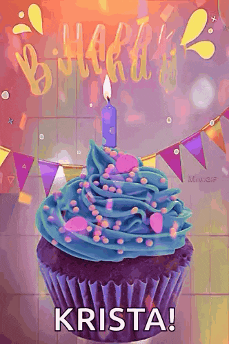 a purple cupcake with blue frosting and sprinkles and a candle with the name krista written on it .