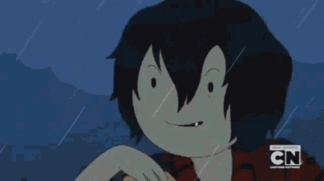 a cartoon character from adventure time is holding a donut in his hand in the rain .