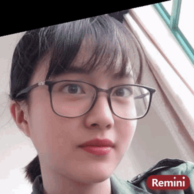 a woman wearing glasses and a green jacket has a remini logo on her face
