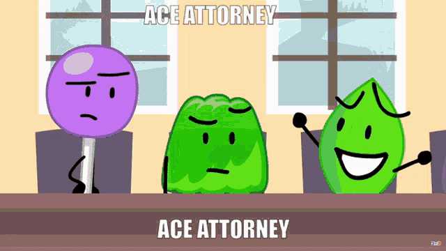 three cartoon characters are sitting at a table with the words ace attorney written above them