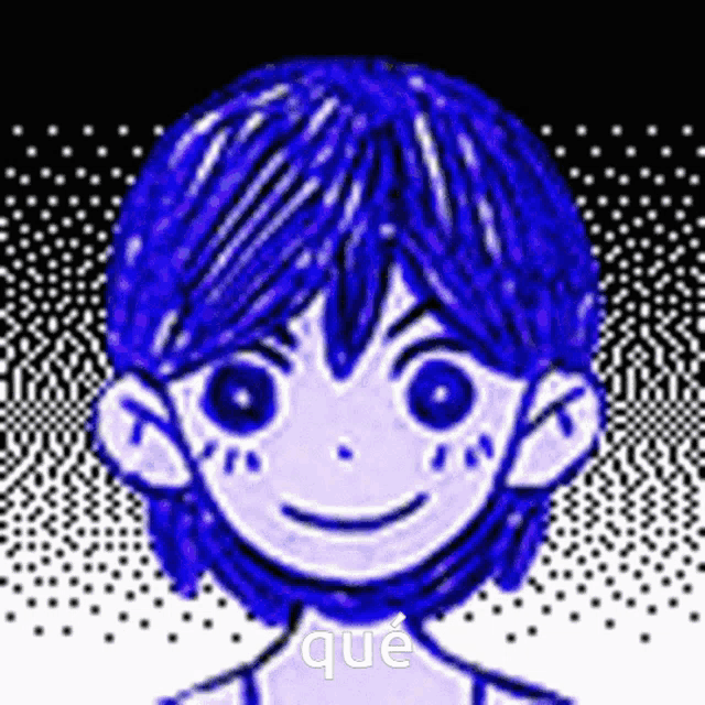 a pixel art drawing of a boy with blue hair and a smile .