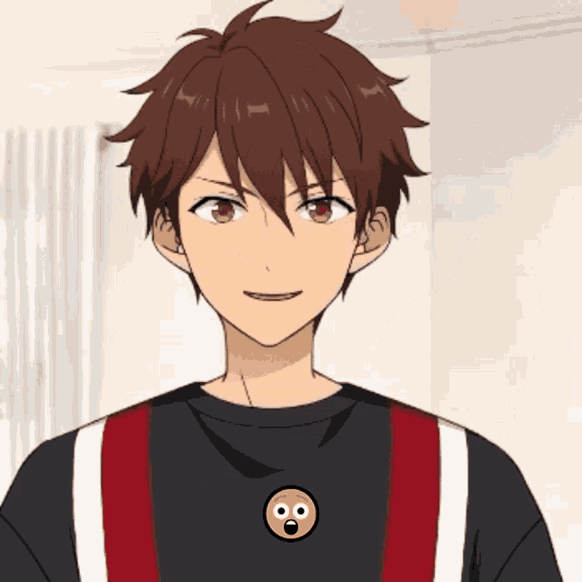 a boy with brown hair and a surprised face on his shirt
