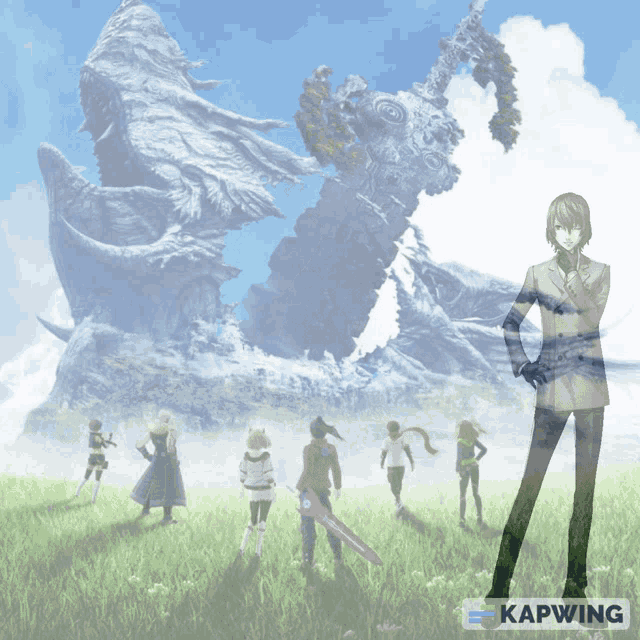 a group of people standing in a grassy field with the word kapwing on the bottom