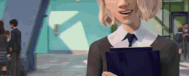 a woman in a suit and tie is smiling and holding a clipboard .