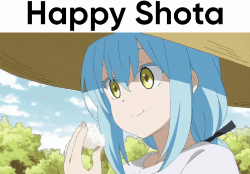 a girl with blue hair wearing a straw hat with the words happy shota above her