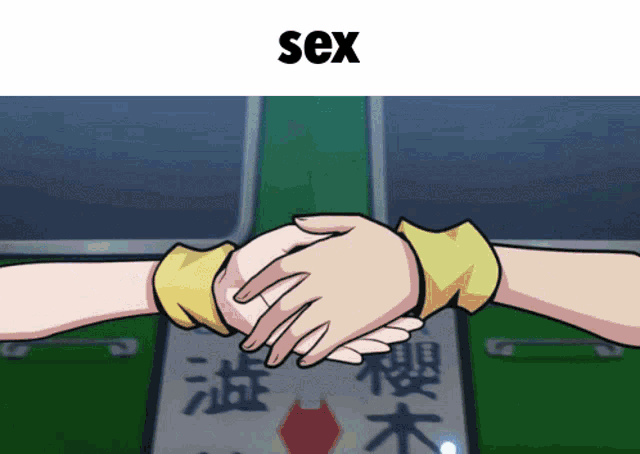 a cartoon of two people shaking hands with the word sex in the upper right corner