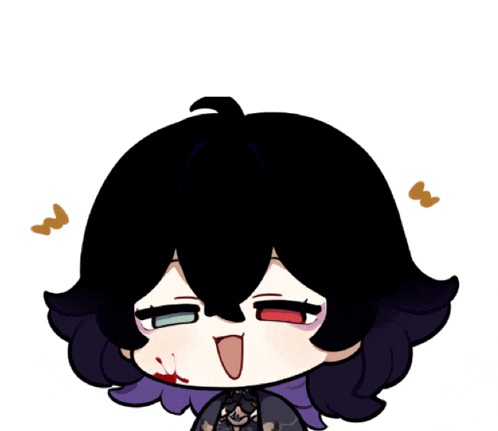 a cartoon drawing of a girl with black hair and purple fringe