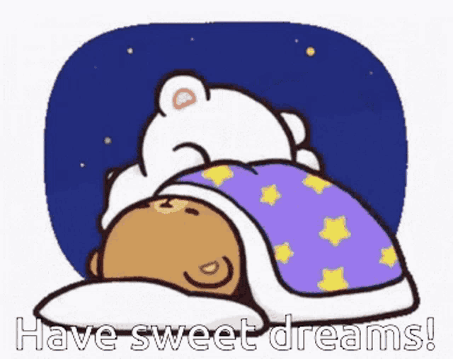 a cartoon of a teddy bear sleeping under a blanket with the words `` have sweet dreams '' written on it .