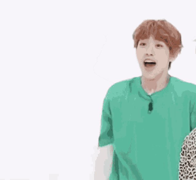 a man in a green shirt and a man in a leopard print shirt are dancing together .