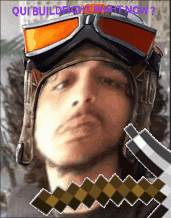 a man wearing a helmet and goggles has the words qui build fight right now written above him