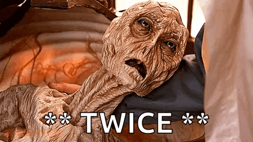 a close up of a mummy with the word twice written on it