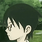 a close up of a cartoon character 's face with glasses and a green background .