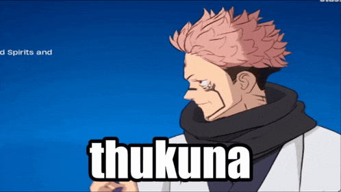 a cartoon character with a scarf around his neck has the word thukuna on his face