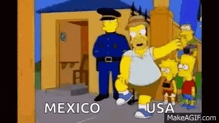 a cartoon of homer simpson standing next to a police officer in front of a building in mexico and the usa .