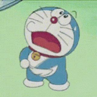 a close up of a cartoon character with his mouth open and a bell around his neck .