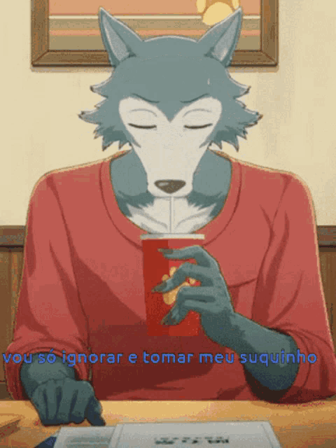 a cartoon of a wolf sitting at a table drinking a soda