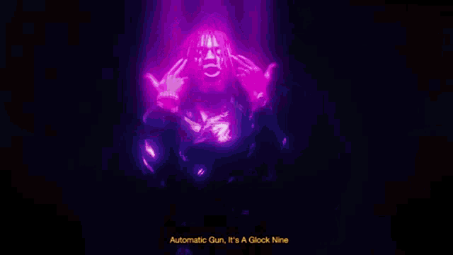 a purple light is shining on a person 's face in a dark room with a purple background .