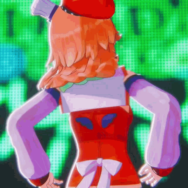 a cartoon character is standing in front of a green screen that says ' tp ' on it