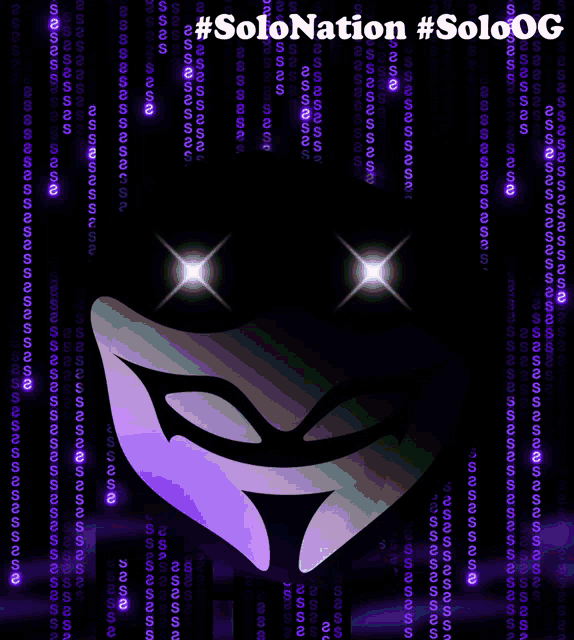 a purple mask with glowing eyes and the words solonation #soloog on the bottom