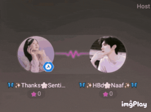 a woman and a man are in circles with the words thanks senti and hbd naaf