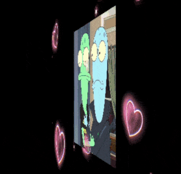 a couple of cartoon characters standing next to each other with pink hearts around them