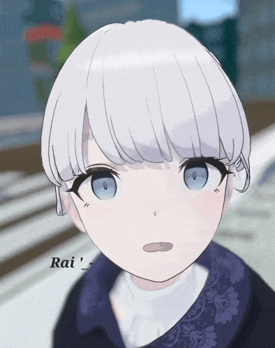 a drawing of a girl with white hair and blue eyes with the word rai below her