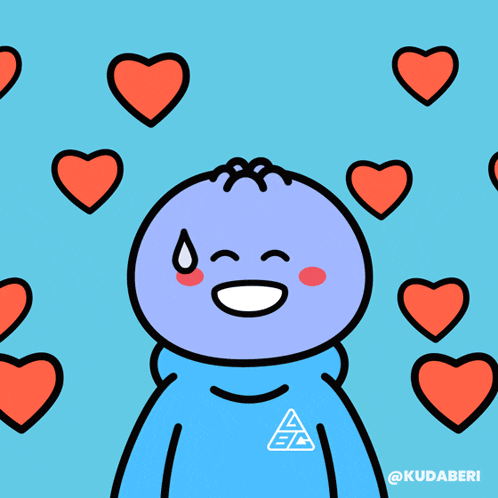 a cartoon character wearing a blue sweatshirt with a triangle logo on it is surrounded by red hearts